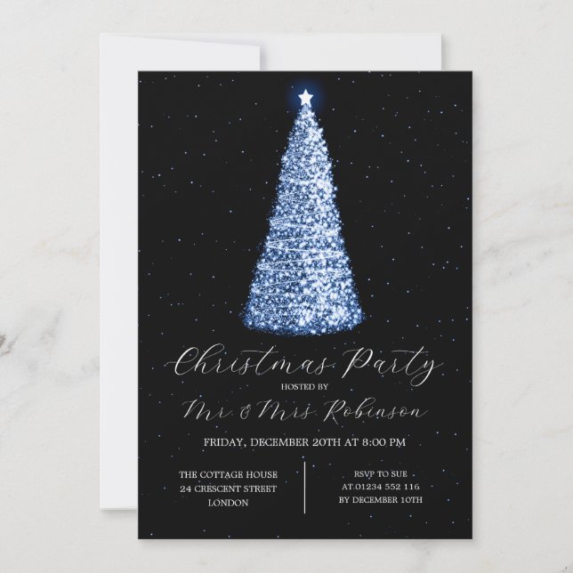 Invitación Navidades Fiesta Glam Navy Blue Tree Sparkle (Anverso)