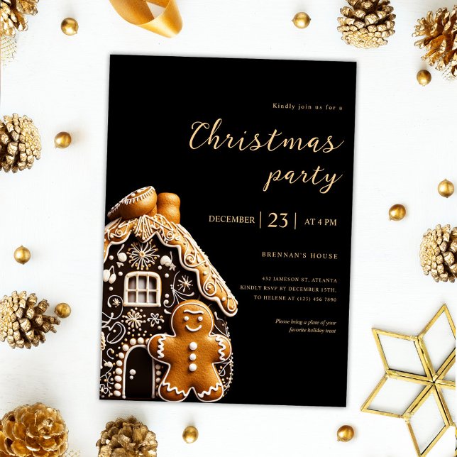 Invitación Navidades Fiesta Gold Black Gingerbread Holiday (Christmas Party Gold Black Gingerbread Holiday Invitation)