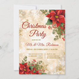 Invitación Navidades Fiesta Gold Sparkle Red Poinsettia