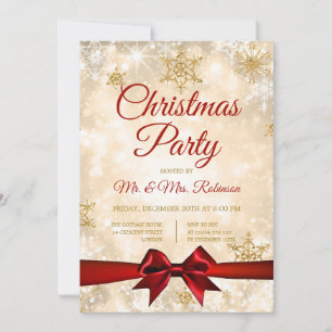Invitación Navidades Fiesta Gold Winter Sparkle Red Ribbon