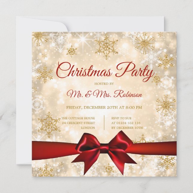 Invitación Navidades Fiesta Gold Winter Sparkle Red Ribbon (Anverso)