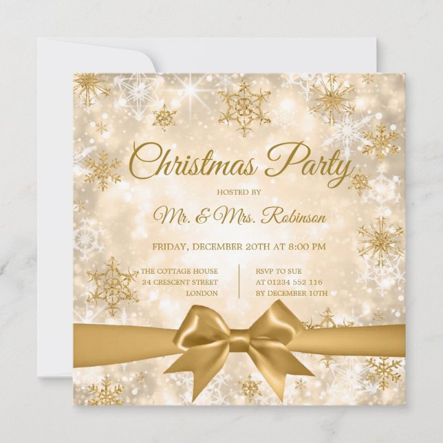 Invitación Navidades Fiesta Gold Winter Sparkle Ribbon (Anverso)