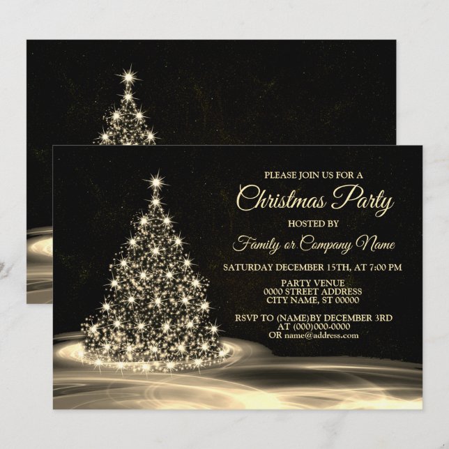 Invitación Navidades Fiesta Golden Shiny Tree Black (Anverso / Reverso)