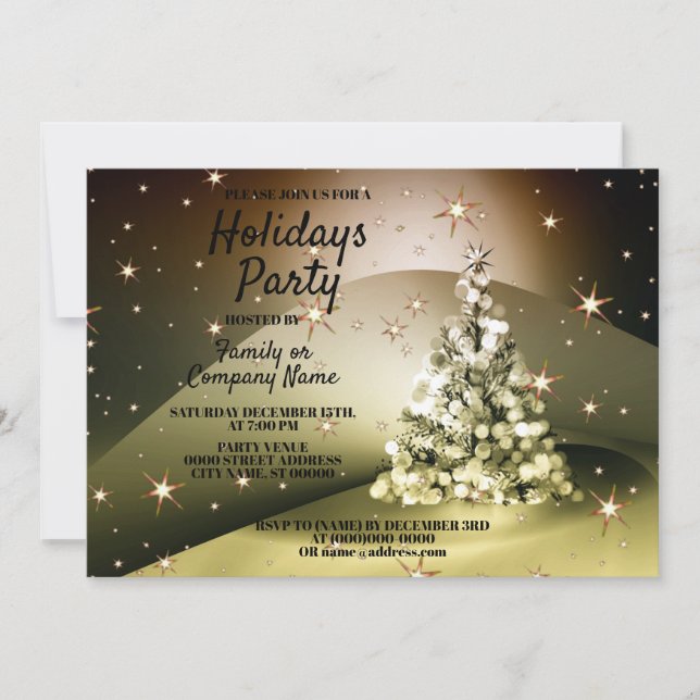 Invitación Navidades Fiesta Golden Tree Shiny Sparkle Stars (Anverso)