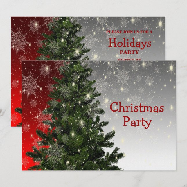 Invitación Navidades Fiesta Green Tree Red Silver Snowflakes (Anverso / Reverso)