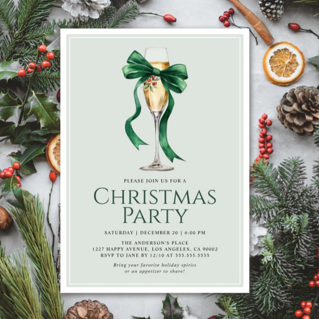 Invitación Navidades Fiesta Holiday Cocktail Green Bow Modern (Subido por el creador)