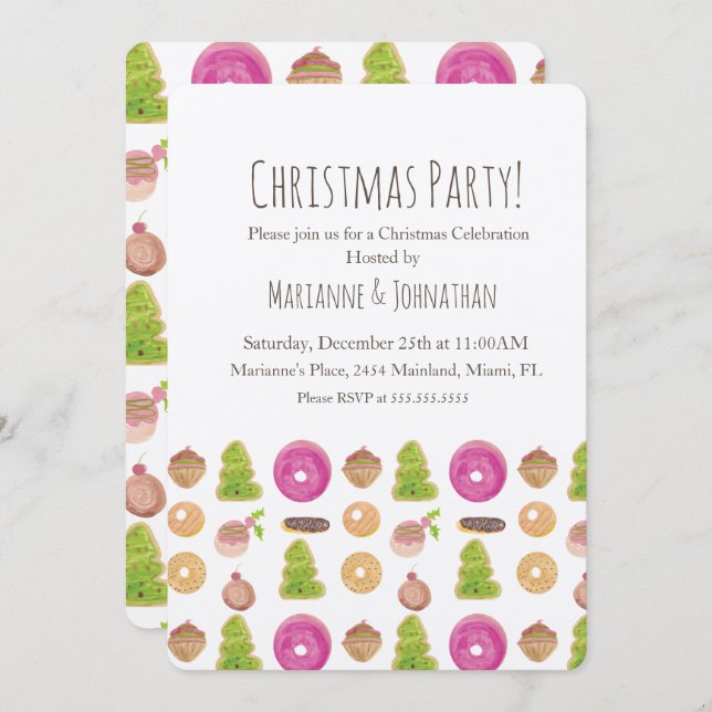 Invitación Navidades Fiesta Holiday Cookies color agua (Anverso / Reverso)