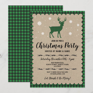 Invitación Navidades Fiesta Holiday Deer Snowflake Green Chec
