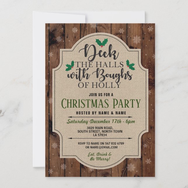 Invitación Navidades Fiesta Holiday Wood Holly Burlap Nieve (Anverso)