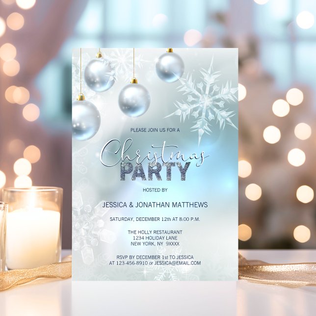 Invitación NAVIDADES FIESTA Invierno Nieve copos de nieve Pla (CHRISTMAS PARTY Winter Snow Snowflakes Blue Silver Invitation)