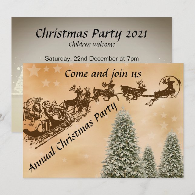 Invitación Navidades fiesta invitan con renos santa trineo (Anverso / Reverso)