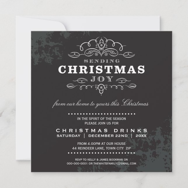 Invitación NAVIDADES FIESTA INVITE vintage look negro blanco (Anverso)