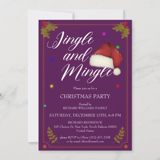 Invitación Navidades Fiesta Jingle Y Mingle Purple Tema (Anverso)