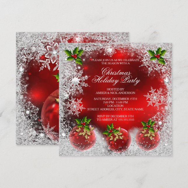 Invitación Navidades fiesta navideña Red Holly Bauble Snowfla (Anverso / Reverso)