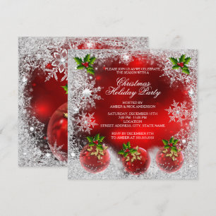 Invitación Navidades fiesta navideña Red Holly Bauble Snowfla