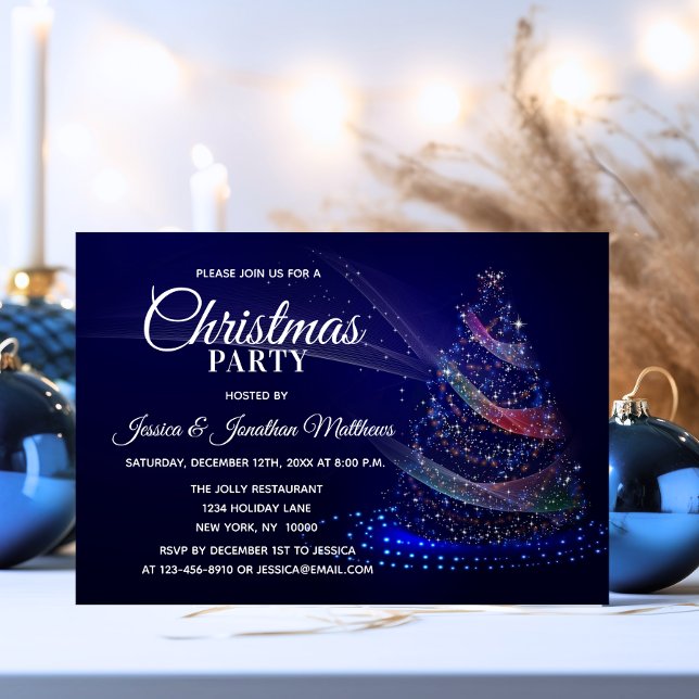 Invitación NAVIDADES FIESTA Navy Blue Twinkle Luces Árbol de  (CHRISTMAS PARTY Navy Blue Twinkle Lights Snow Tree Invitation)