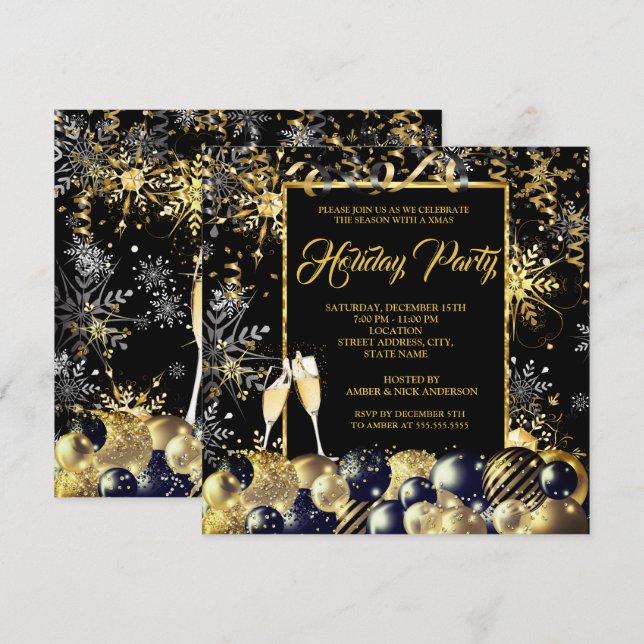 Invitación Navidades Fiesta Oro Black Snowflakes Holiday (Anverso / Reverso)