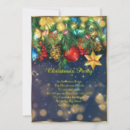 Invitación Navidades fiesta oro rojo estrella de baubles azul