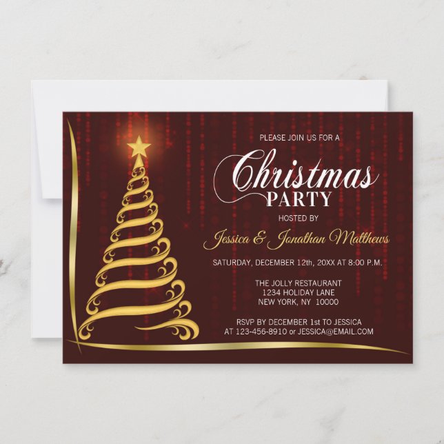 Invitación NAVIDADES FIESTA Oro Rojo Oscuro Twinkle Luz Árbol (Anverso)