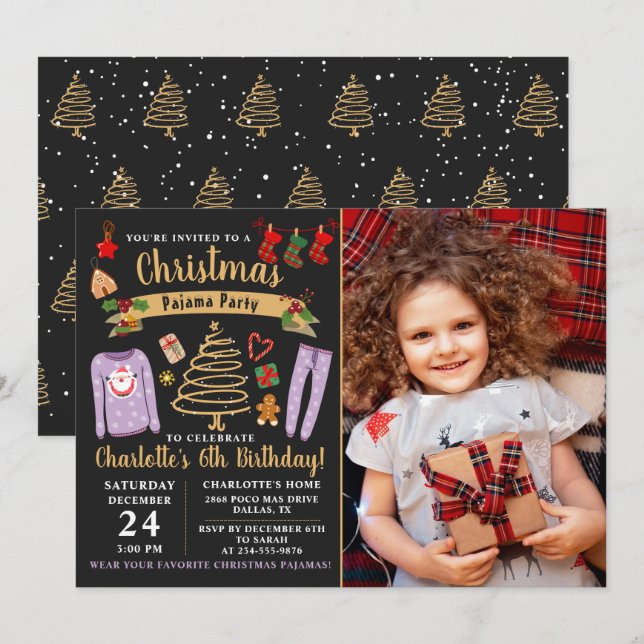 Invitación Navidades Fiesta Pajama Chica foto de cumpleaños (Anverso / Reverso)