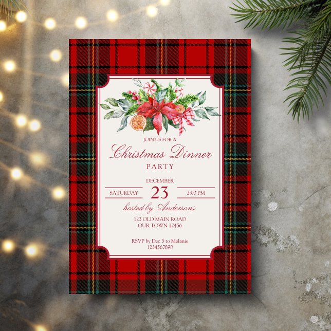 Invitación Navidades fiesta pino cembro rojo elegante (Christmas party red plaid pine winter greenery bow elegant invitation cards template)