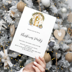 Invitación Navidades fiesta puerta de árbol de oro verde blan