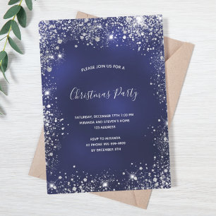 Invitación Navidades Fiesta purpurina de plata azul brillante