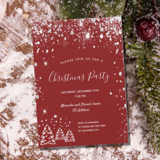 Invitación Navidades fiesta purpurina de plata roja (Subido por el creador)