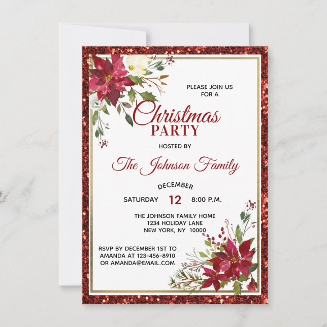 Invitación NAVIDADES FIESTA Purpurina Rojo Floral Poinsettia (Anverso)