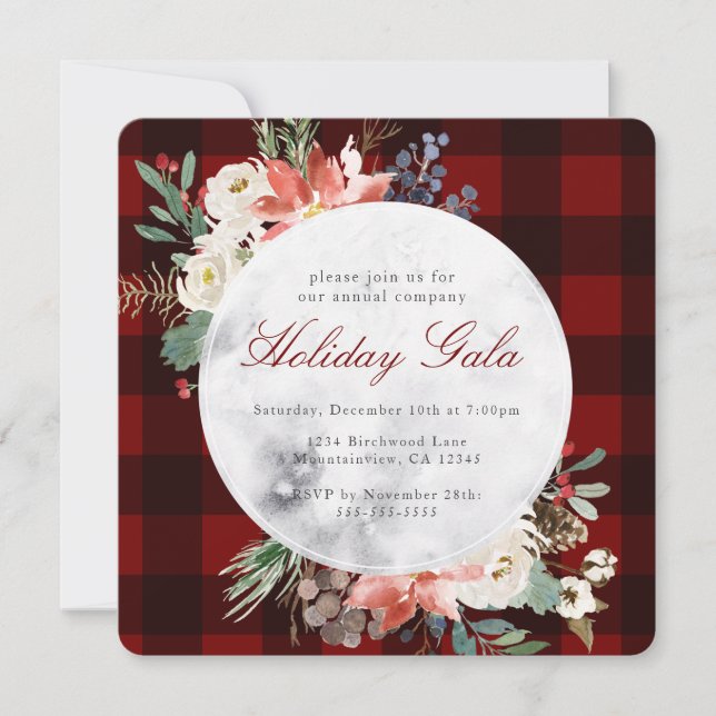Invitación Navidades Fiesta Red Buffalo Plaid Wreath (Anverso)