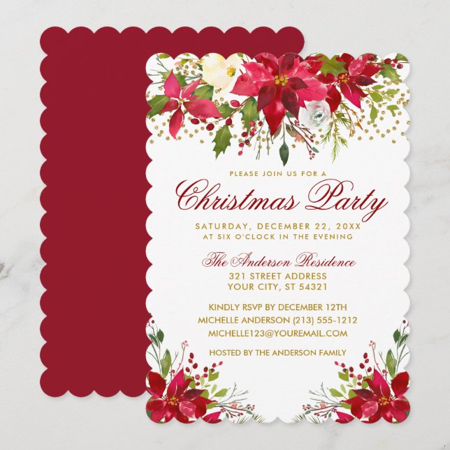 Invitación Navidades Fiesta Red Floral Poinsettia Purpurina d (Anverso / Reverso)