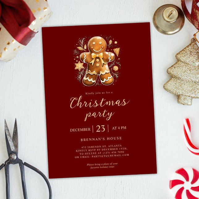 Invitación Navidades Fiesta Red Gold Gingerbread Holiday (Christmas Party Red Gold Gingerbread Holiday Invitation)