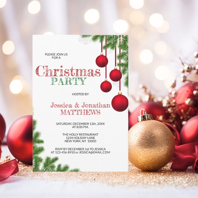 Invitación NAVIDADES FIESTA Red Green Ornament Pine Snow (CHRISTMAS PARTY Red Green Ornament Pine Snow Invitation)