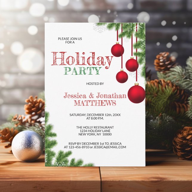 Invitación NAVIDADES FIESTA Red Green Ornament Pine Snow (CHRISTMAS HOLIDAY PARTY Red Green Ornament Pine Snow Invitation)