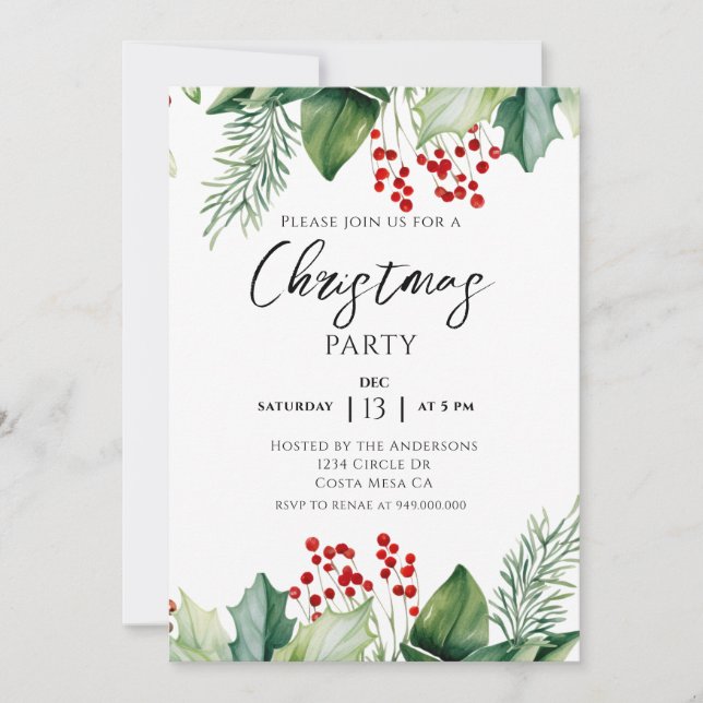 Invitación Navidades Fiesta Red Greenery (Anverso)