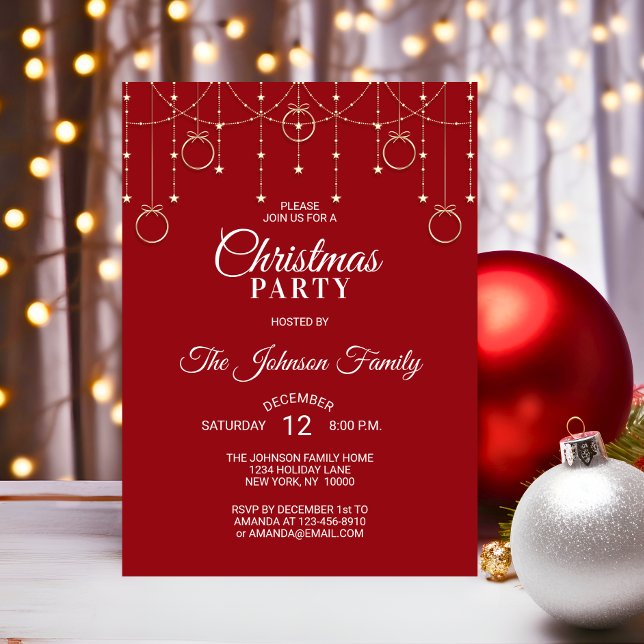 Invitación NAVIDADES FIESTA RED Oro Estrellas Purpurinas (CHRISTMAS PARTY RED Gold Glitter Stars Invitation)