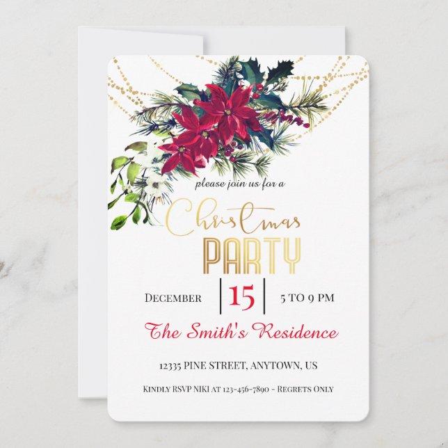 Invitación Navidades Fiesta Red Poinsettia Floral (Anverso)