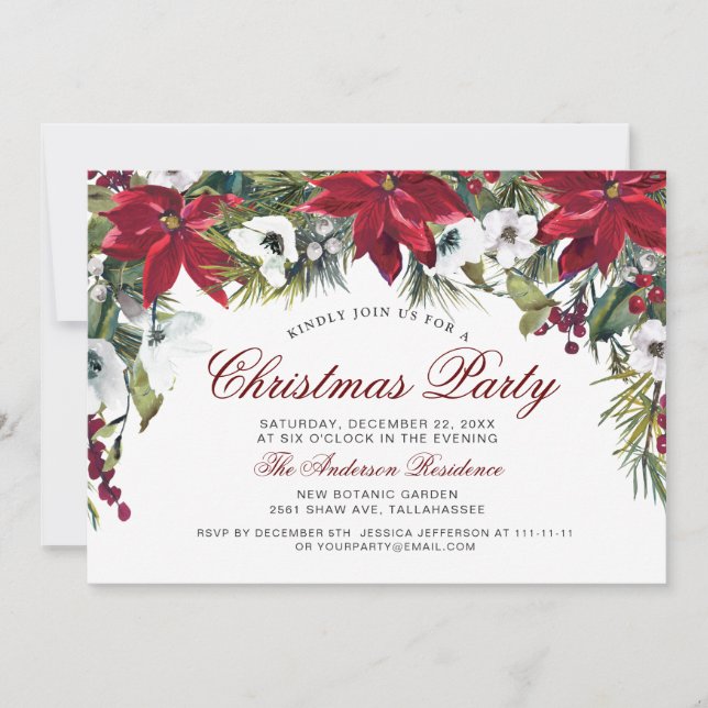 Invitación Navidades Fiesta Red Poinsettia Floral acuarela (Anverso)