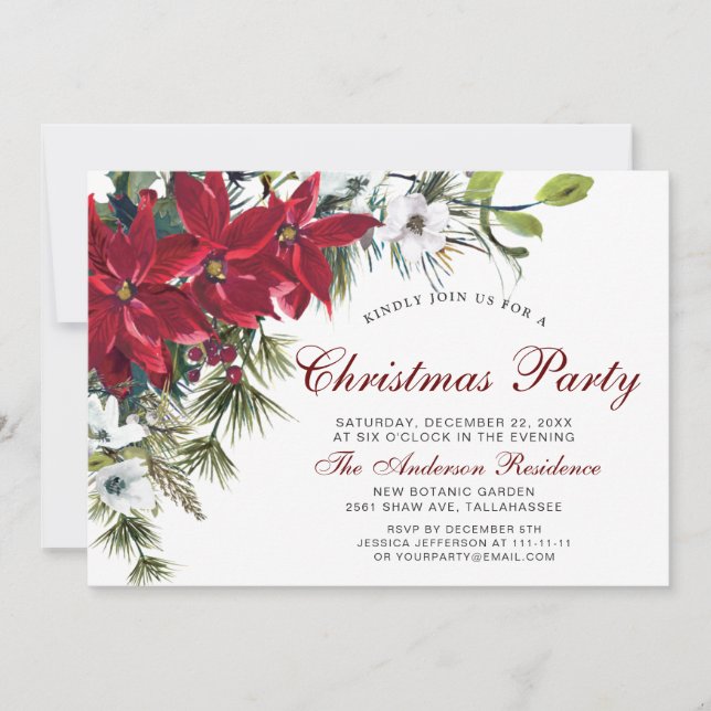 Invitación Navidades Fiesta Red Poinsettia Floral acuarela (Anverso)