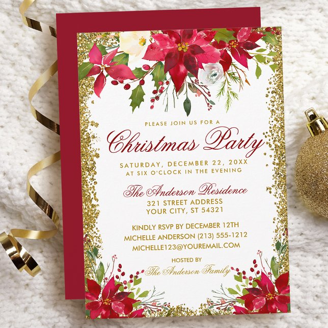 Invitación Navidades Fiesta Red Poinsettia Floral Gold Purpur (Customize to change text color, size, style or to change color of back of card.)