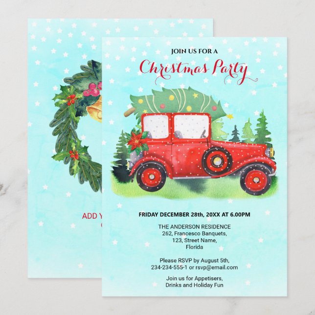 Invitación Navidades Fiesta Red Truck Blue Winter  (Anverso / Reverso)