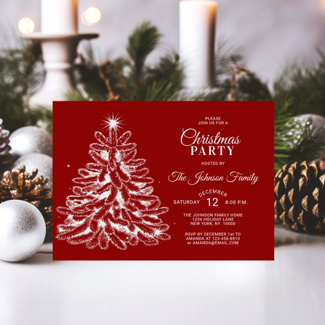 Invitación NAVIDADES FIESTA Red White Stars Pine Tree (CHRISTMAS PARTY Red White Stars Pine Tree Invitation)