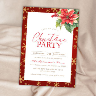 Invitación Navidades Fiesta Red Y Gold Holly Poinsettia