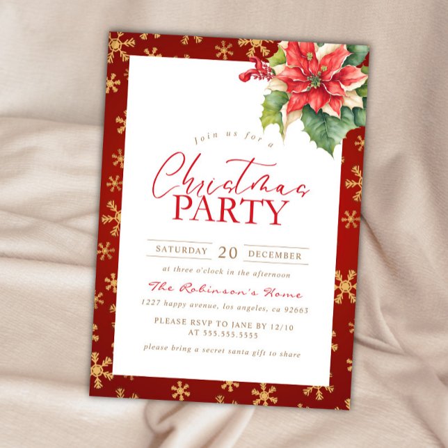 Invitación Navidades Fiesta Red Y Gold Holly Poinsettia (Subido por el creador)