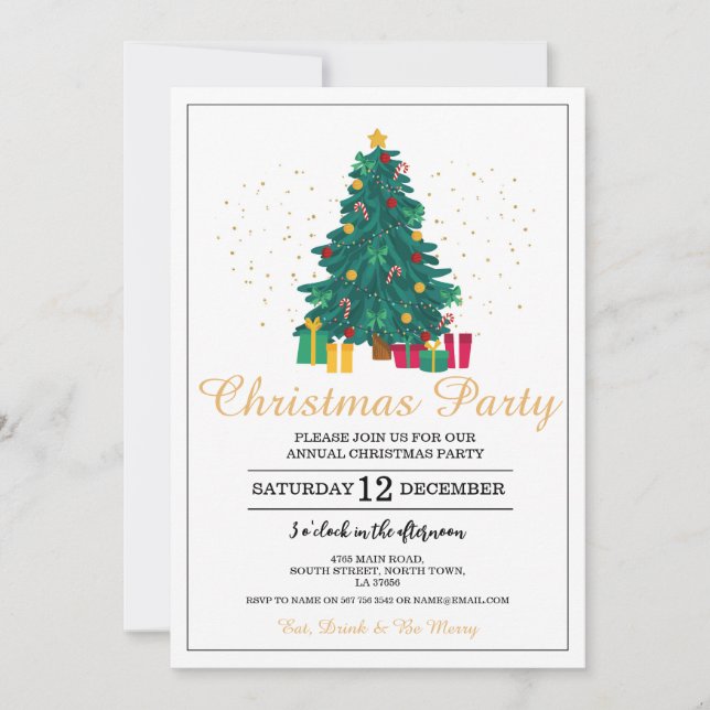 Invitación Navidades Fiesta Regalos de árbol festivo (Anverso)