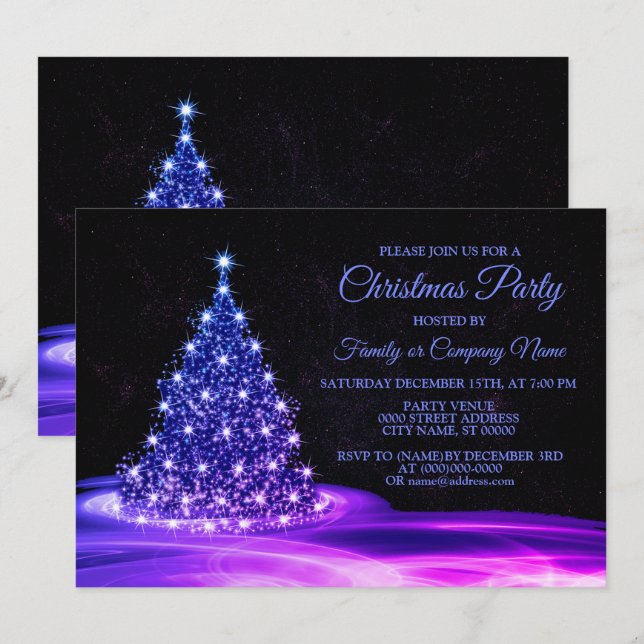 Invitación Navidades Fiesta Rosa Azul brillante Árbol de invi (Anverso / Reverso)