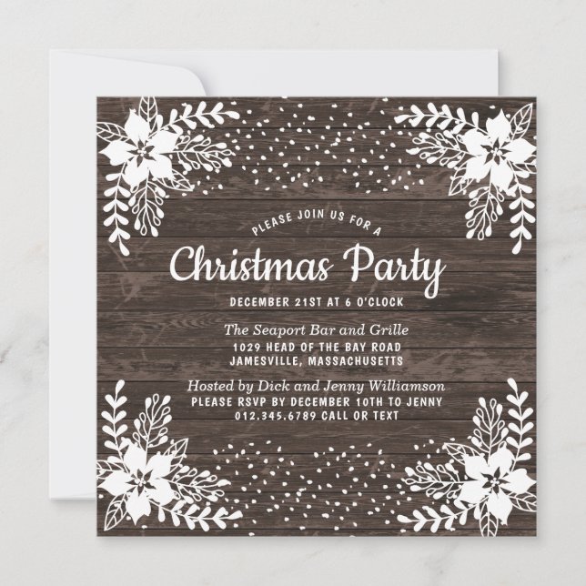 Invitación Navidades Fiesta Rustic Country Wood Snow Floral (Anverso)