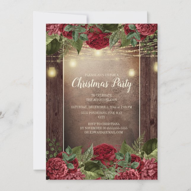 Invitación Navidades Fiesta Rustic Wood Burgundy Floral Strin (Anverso)