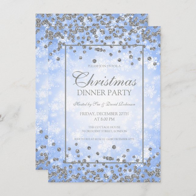Invitación Navidades Fiesta Silver Purpurina Blue Winder Wond (Anverso / Reverso)