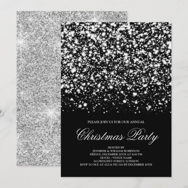 Invitación Navidades Fiesta Silver Purpurina Glam Elegant (Anverso / Reverso)
